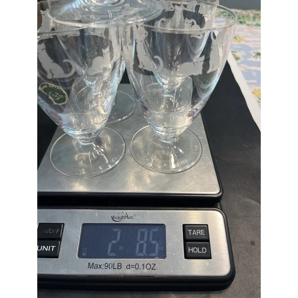 6pc Lenox Crystal Clear Etched Frosted Kitten Cat Dessert Water Footed Glasses